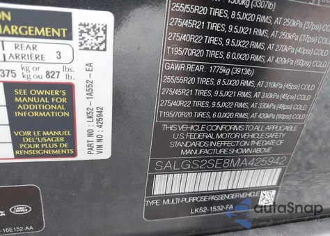 2021 Land Rover Range Rover P525 Westminster z USA, uszkodzony, nr VIN SALGS2SE8MA425942